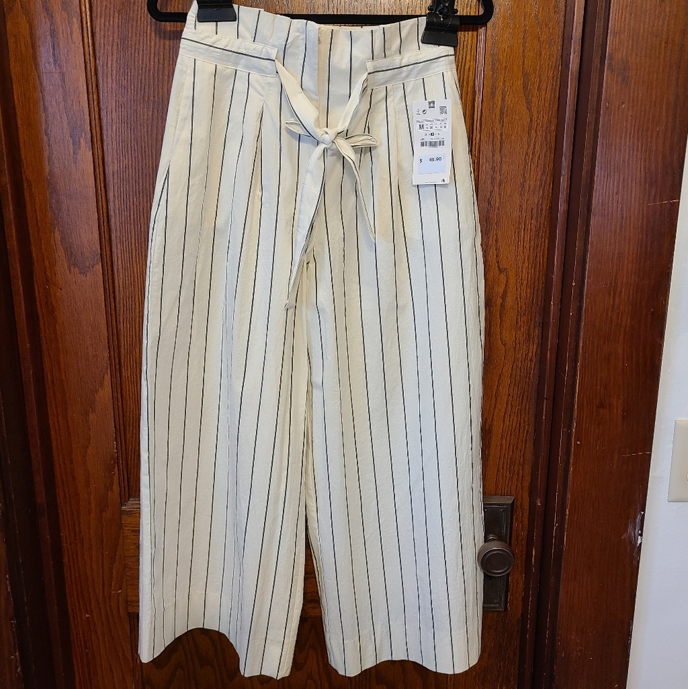 Zara Cream Pinstripe Cropped Wide-Leg Pants